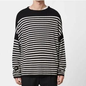All Saints Mens Black White Striped Oversized Taleze Crew Neck Knit Sweater XS